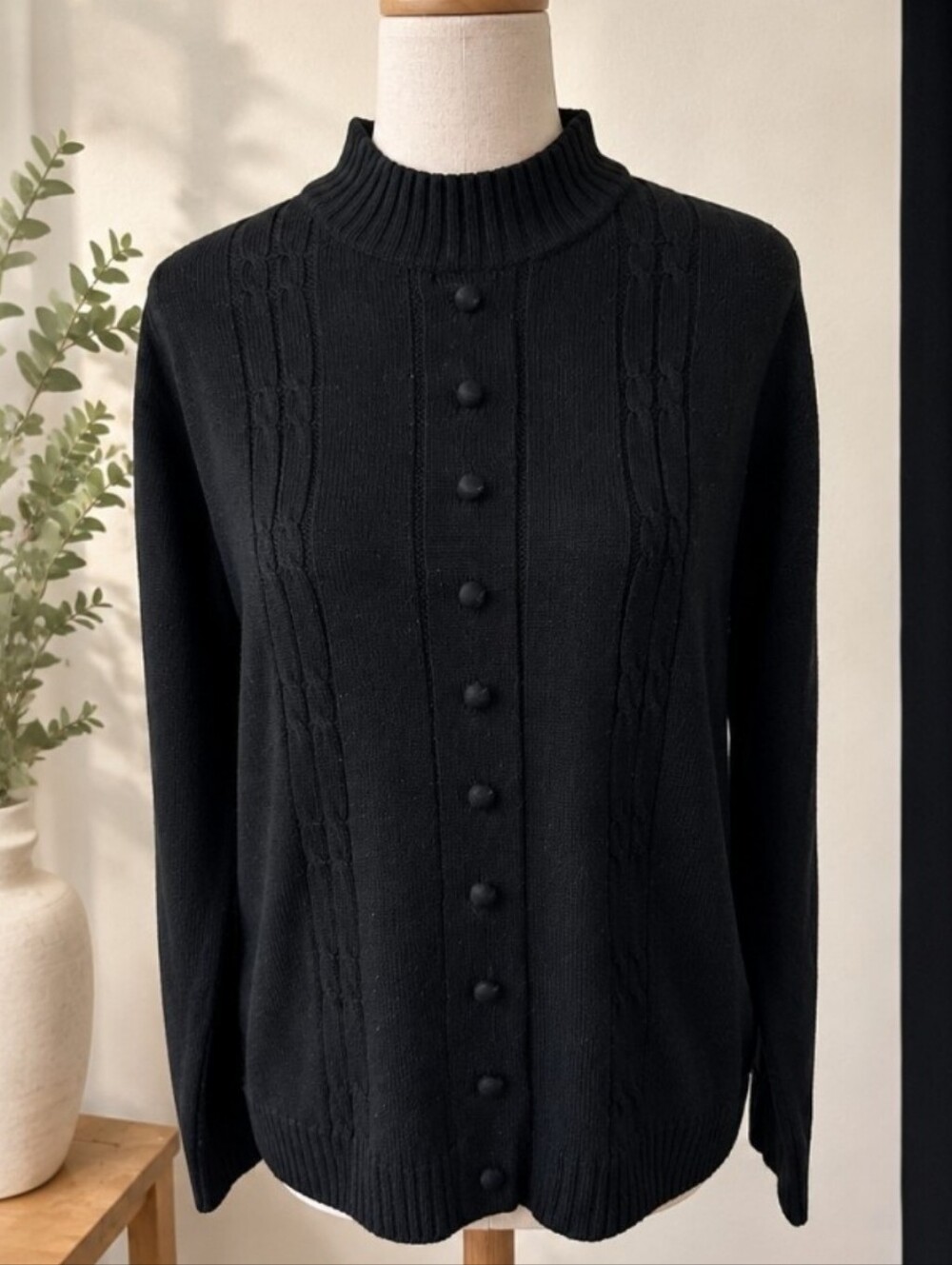 Carol Rose ~ Vintage 90s Black Cable Knit Pom Details Cowl Neck Sweater~Large